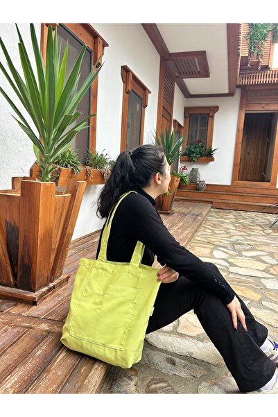 Sumicorn Design Soft Yeşil Ekolojik Bez Çanta,Cepli Keten Kol ve Omuz Çantası,Unisex Alışveriş Çantası