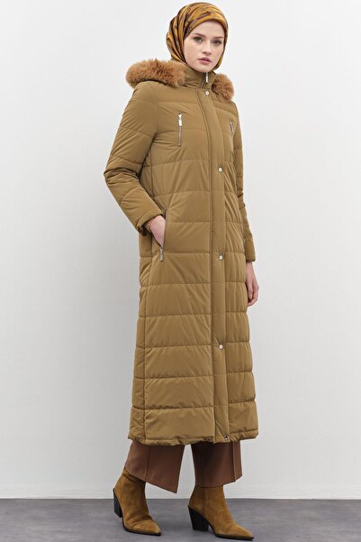 Tuğba Blok Desen Şişme Kaban - Camel