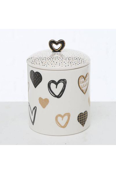 Homelux Recipient de depozitare cu capac inimioare, 10x14,5 cm, ceramică, alb/negru/auriu