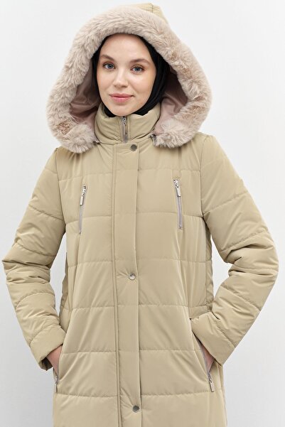 Tuğba Blok Desen Şişme Kaban - Taş