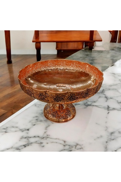 Bakır Center Copper Fruit Holder Copper Cookie Holder Copper Presentation Plate 18 cm Fully Handmade Embossed Workmanship