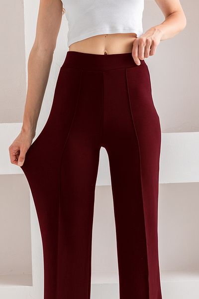 CNRCollection Women's Burgundy High Waist Recovery Front Ribbed Wide Fit Wide Leg Modal Fabric Leggings Pants