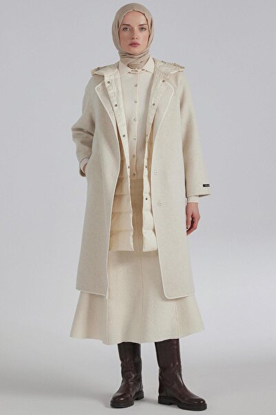 Tuğba Kaz Tüyü Yelekli Yün Kaban - Ekru