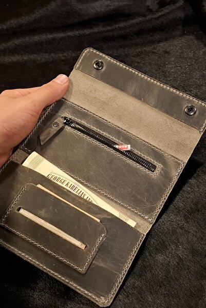 MAT Deri Tütün Kesesi Tütün Çantası Gri Hakiki Deri Elde Ve Cepte Kolay Taşınabilir Tütünlük