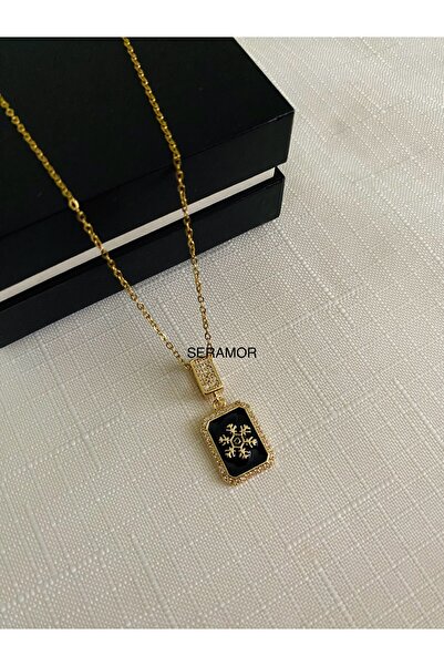SERAMOR Siyah mineli kar tanesi detaylı kararmaz çelik kolye