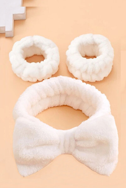 C&E Design Peluş Beyaz Bileklik + Makyaj Ve Banyo Bandı Seti