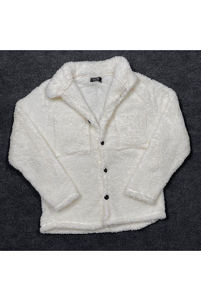 modabiraltı Ecru Unisex Wellsoft Buttoned Pocket Plush Jacket