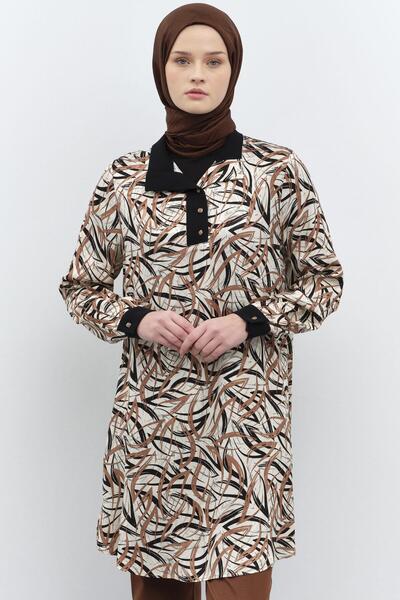 Tuğba Garnili Desenli Jakar Tunik - Kahve