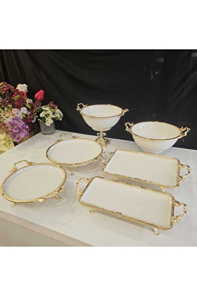 MaviDamla طقم عرض من البورسلين المصبوب مكون من 11 قطعة باللون الذهبي مع حواف وأرجل
