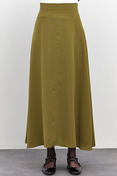 Tuğba Gaze Dikiş Detaylı Godeli Etek - Olive