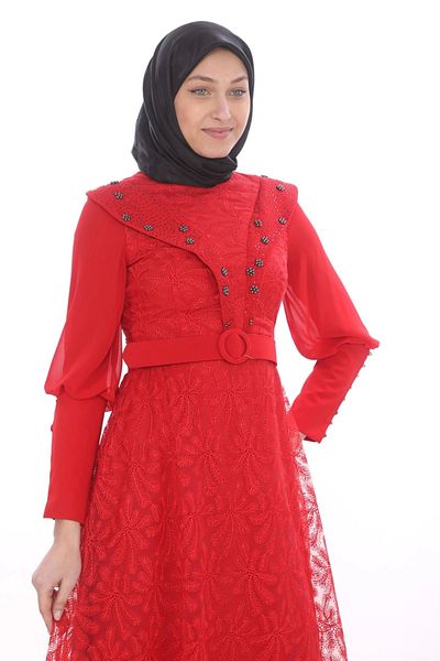 PHELDA Red Guipure Hijab Dress - Stone and Pearl Detailed, Model 721