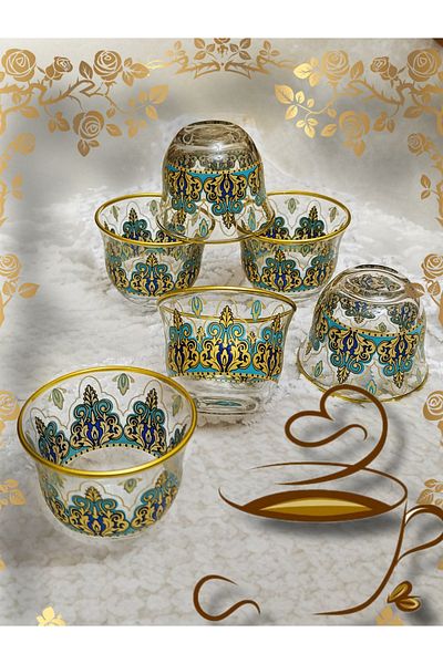 SAMSA Gold Pearl Colored Patterned Pasabahce Glass Handle-Free Mirra Coffee Set 6 Seater