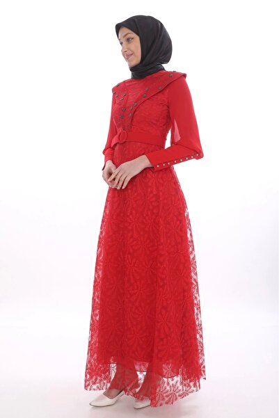 PHELDA Red Guipure Hijab Dress - Stone and Pearl Detailed, Model 721