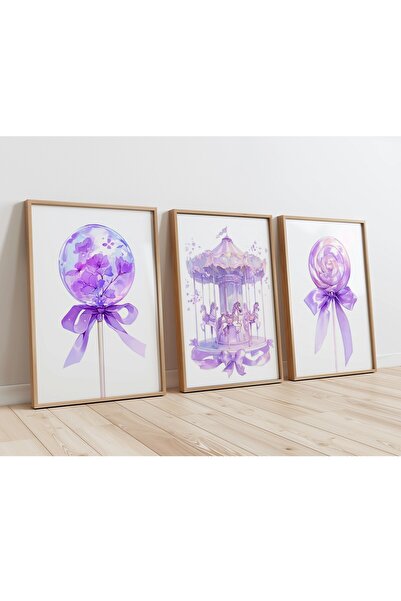 Home Sevimli Lavanta Moru Şeker Panayır Seti, Çocuk ve bebek Odası 3'lü Çerçe...