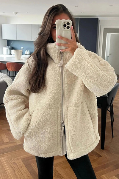 La Querta Bej Dik Yakalı Cepli Peluş Mont ms331432134lq