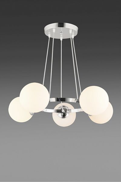 SONSUZ AYDINLATMA&AVİZE Queen Chrome 5-Piece Ring White Globe Glass Modern Chandelier