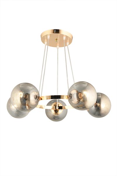 KARDELEN AYDINLATMA AVİZE Kardelen Gold 5-Piece Ring Smoked Globe Glass Modern Chandelier
