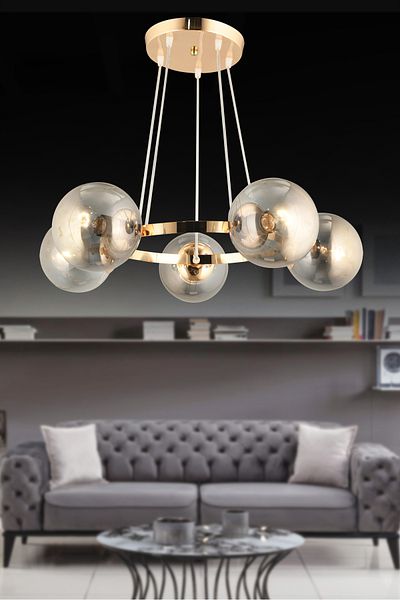 KARDELEN AYDINLATMA AVİZE Kardelen Gold 5-Piece Ring Smoked Globe Glass Modern Chandelier