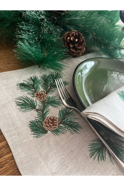 ge living Christmas Themed Runner Cone Patterned 100% Linen Beige Tablecloth