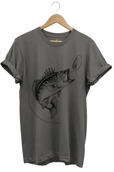 WİDİ Pescuit Pescuit Imprimat Momeală Pescuit Tricou 100% Bumbac Crewneck Gri