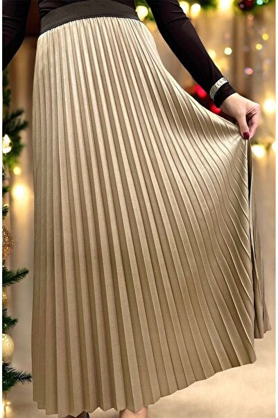 Violeta Kadın Piliseli Şık Bej Yüksek Bel Lastikli Trend Etek