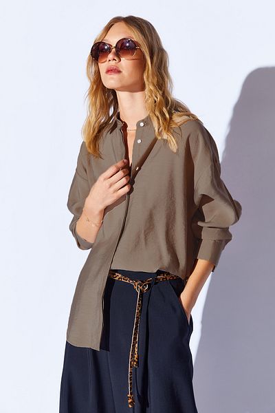 Manche Coffee Modal Soft Textured Soft Hidden Pat Detailed Oversize Women's Shirt |   Mks 168262 -01
