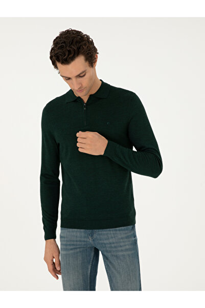 Cacharel Zümrüt Regular Fit Yün Karışımlı Fermuarlı Polo Yaka Basic Triko Kaz...