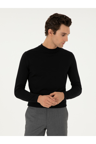 Cacharel Black Slim Fit Wool Blend Quarter Turtleneck Basic Knitwear Sweater ...