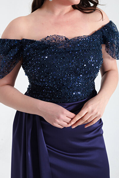 Lafaba Női sötétkék csónaknyakú, drágaköves, nagy méretű, hosszú estélyi ruha