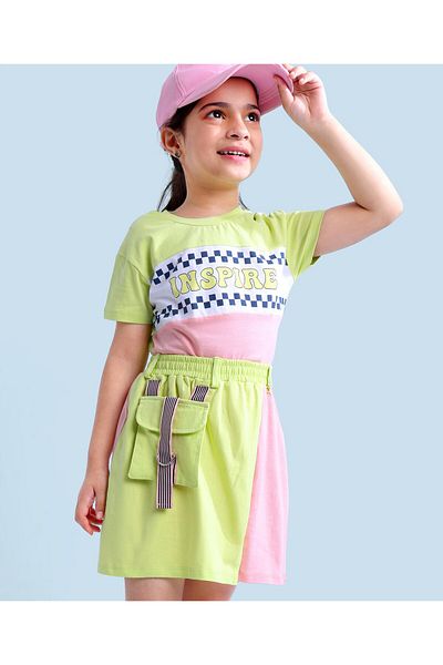 Ollington St. Ollington St. 100% Cotton Sinker Knit Short Sleeve Color Blocked Top & Skirt Set -Green & Pink