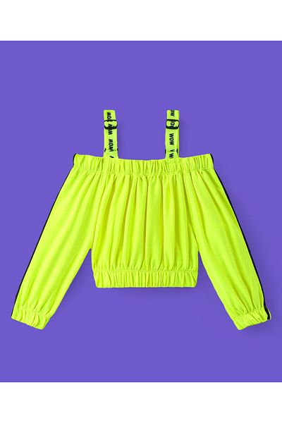 Ollington St. Ollington St. 100% Cotton Knit Off Shoulder Full Sleeve Top & Joggers Set With Text Print-Neon Green