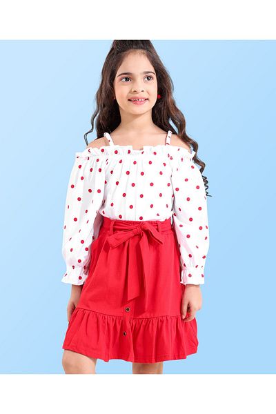 Ollington St. Ollington St. 100% Cotton ed Off-Shoulder Full Sleeve Top & Skirt Set Polka Dots -White & Red