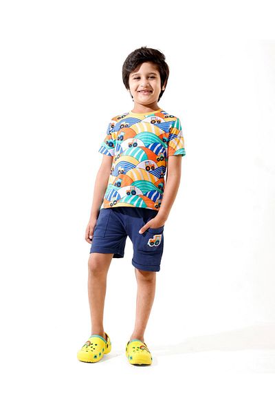 Babyhug 100% Cotton Knit Half Sleeve T-Shirt & Shorts Tractor Print & Embroidery-Navy Blue & Yellow