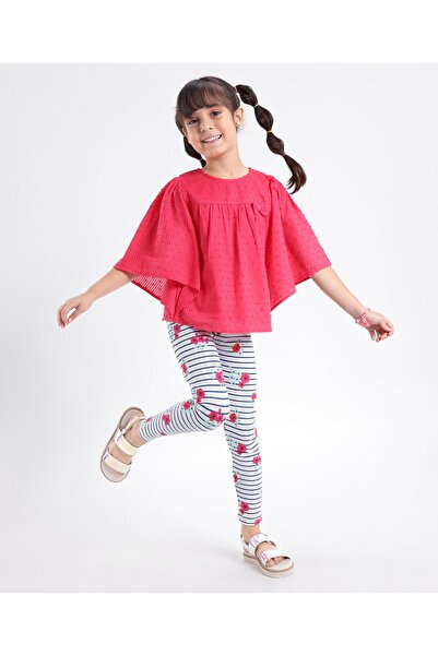 Babyhug 100% Cotton Woven Half Sleeve Top and Striped Legging Set Floral Print-Coral & White Melange