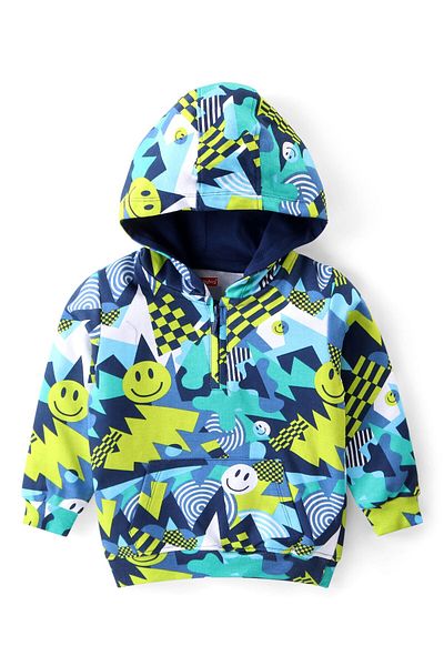 Babyhug Babyhug Terry Knit Full Sleeves Hooded T-Shirt & Lounge Pants Set Smile Print - Navy