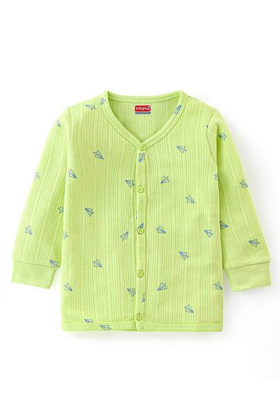 Babyhug Babyhug Thermal Full Sleeves Airplane Printed Vest & Pants Set - Lime Green