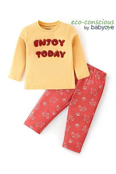 Babyoye Babyoye 100% Cotton Eco Jiva Finish Full Sleeve T-Shirt & Lounge Pant Set Text -Yellow Brown & Red