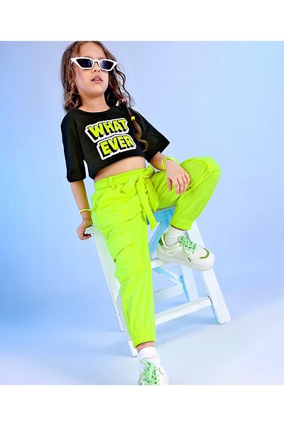 Ollington St. Ollington-St. 100% Cotton Knit Half Sleeve Crop Top & Joggers Set With Text Print-Black & Neon Green