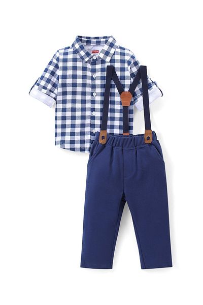 Babyhug Checkered Shirt and Pants Set with Suspender - Blue