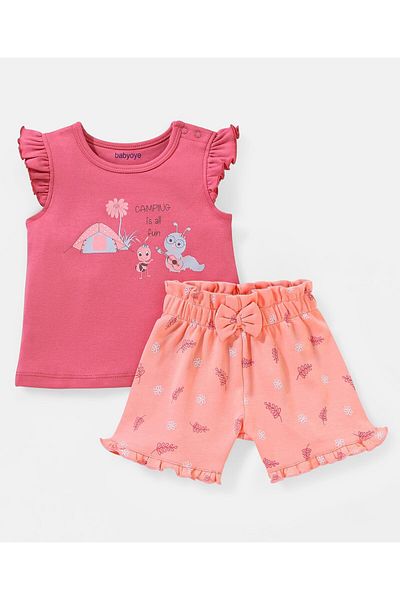 Babyoye Eco-Conscious 100% Cotton Eco-Jiva Finish Cap Sleeve T-Shirt & Short Set Camping Print-Pink