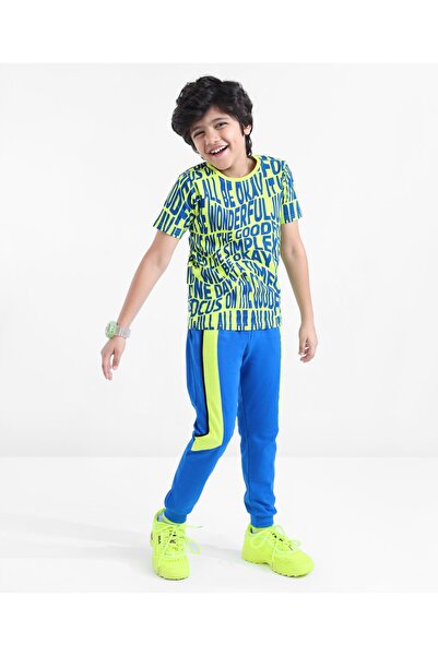 Ollington St. Ollington St. 100% Cotton Half Sleeves T-Shirt With Knit Joggers All Over Text Print - Lime & Blue