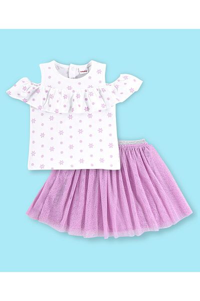 Babyhug Babyhug Cold Shoulder Floral Print Top With Mesh Skirt - Lilac & White