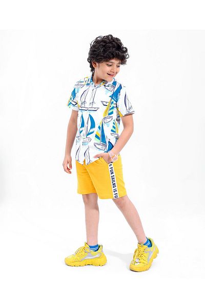 Ollington St. Ollington St. 100% Cotton Half Sleeves Shirt & Shorts Set Boat Print ??White & Yellow