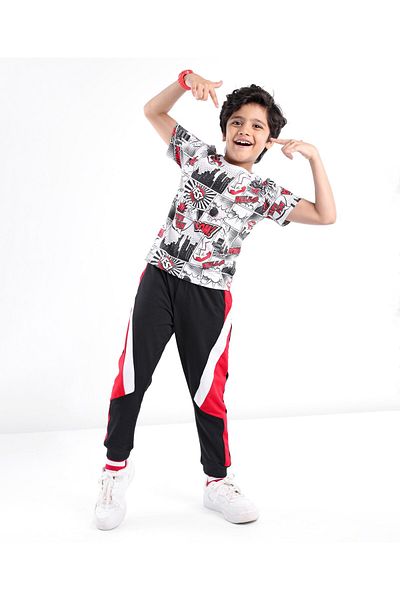 Ollington St. Ollington St. 100% Cotton Half Sleeves T-Shirt With Knit Joggers All Over Printed - White & Black