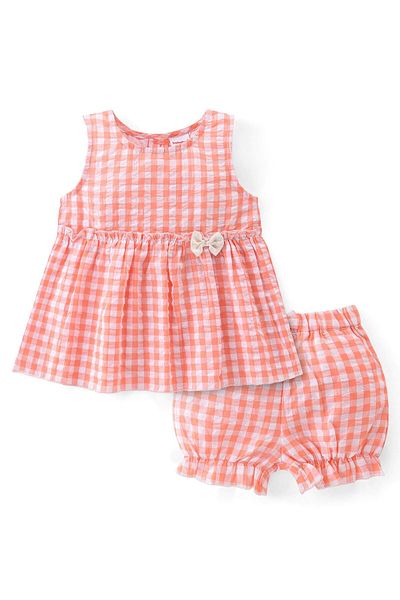 Babyhug Babyhug 100% Cotton Woven Sleeveless Checked  Top & Shorts Set with Bow Applique - Orange