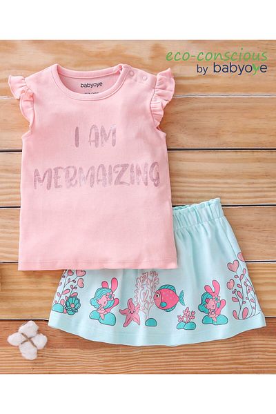 Babyoye Short Cap Sleeves Top & Skirt Set I Am Mermaizing Print - Pink