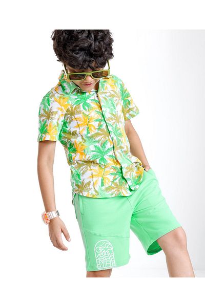 Ollington St. Ollington St. 100% Cotton Knit Half Sleeves Shirt & Shorts Set Palm Tree Print - Multi Color