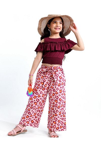 Ollington St. Ollington St. Cotton Knit Half Sleeves Top and Culottes Leopard Print - Purple & Pink