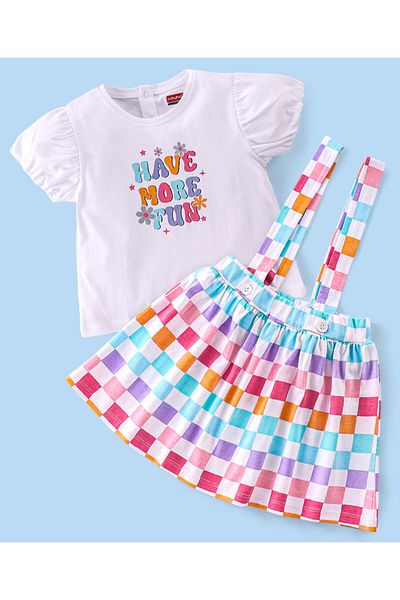 Babyhug 100% Cotton Knit Half Sleeves Top & Skirt With Checks & Text Print - Multicolour