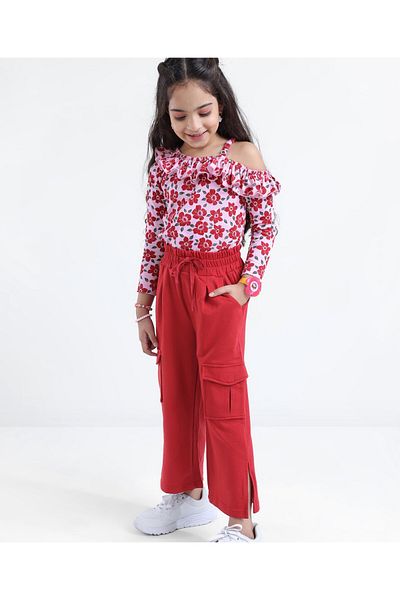 Ollington St. Ollington St. Off Shoulder Top & Pants With Cargo Pockets & Floral Print - Pink & Red